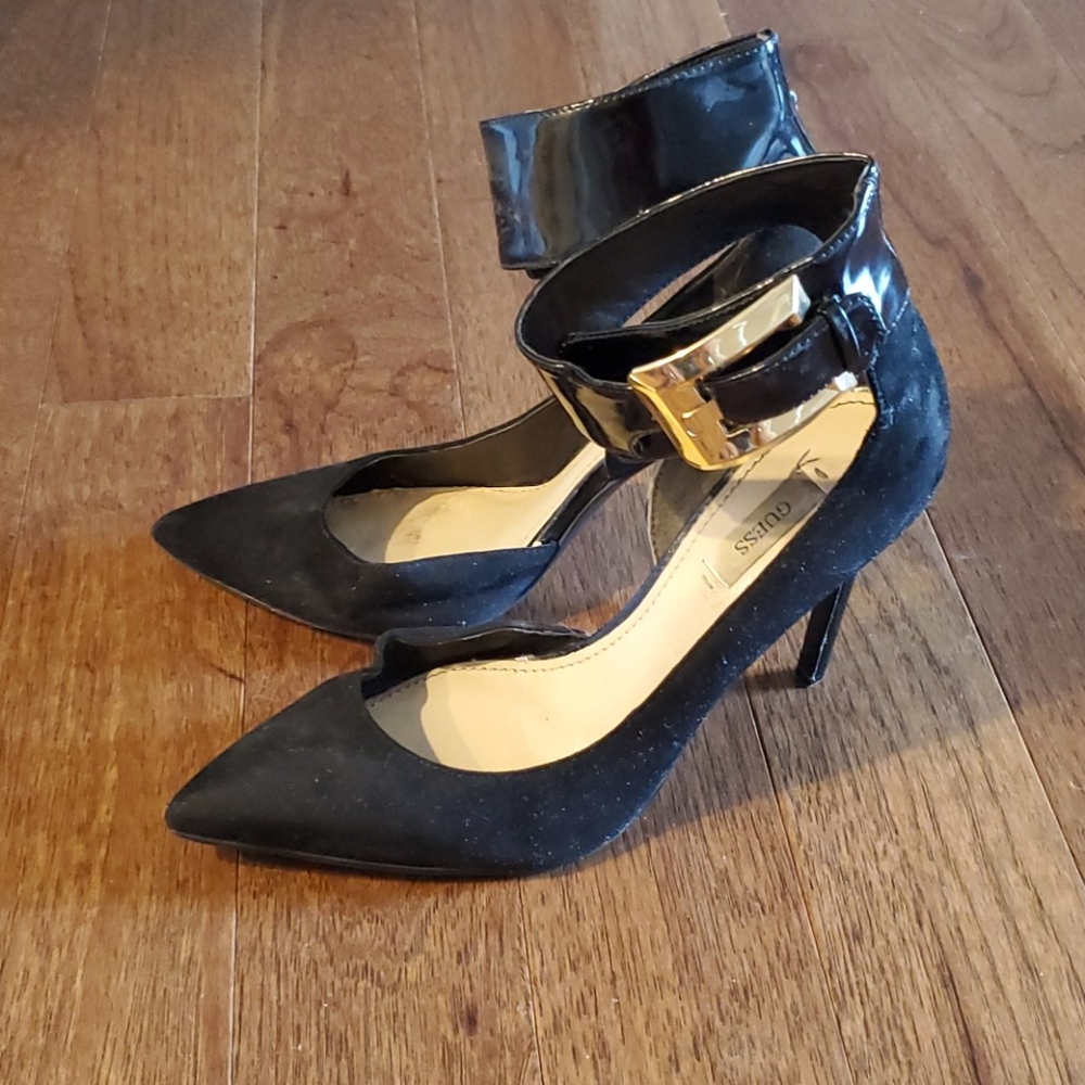 Guess black velour ankle strap heels